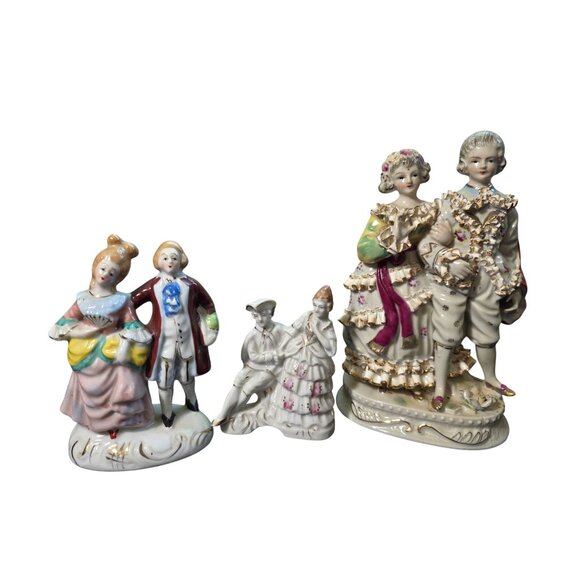 Vintage Porcelain 3 Figurine Set Featuring Couples In Victorian Attire Intricate - Picture 7 of 10